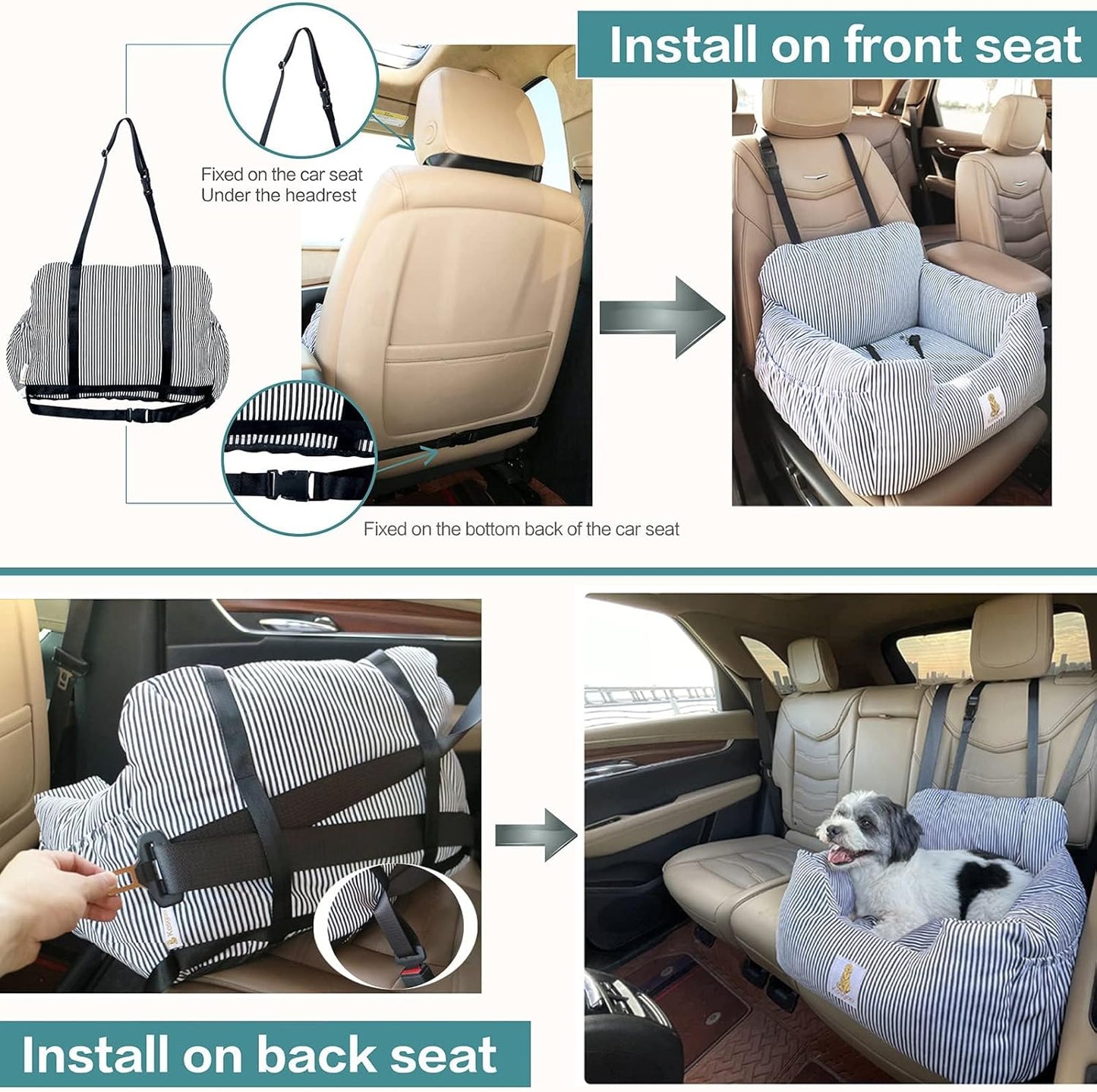 Dog Car Seat for Small Dogs,Fully Detachable and Washable Puppy Dog Booster Seats with Storage Pockets and Clip-On Safety Leash,Non-Slip Base Dog Bed Dual-Use for Car and Home (Blue)