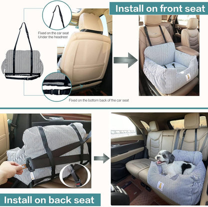 Dog Car Seat for Small Dogs,Fully Detachable and Washable Puppy Dog Booster Seats with Storage Pockets and Clip-On Safety Leash,Non-Slip Base Dog Bed Dual-Use for Car and Home (Blue)