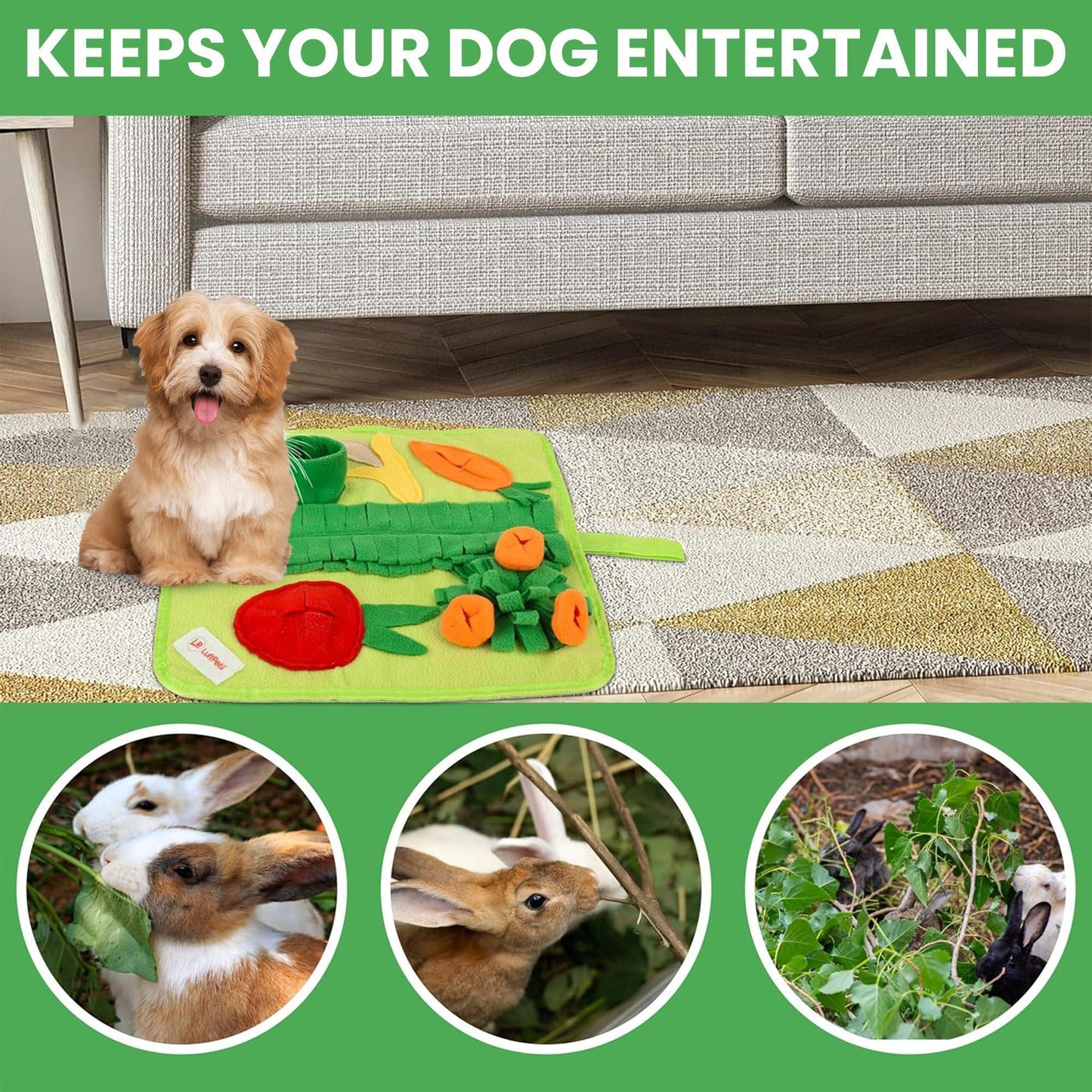 Snuffle Mat for Small Dogs Cats 19X19 Inch Soft Foraging Mat for Rabbits Washable anti Slip Perfect for Bunnies Guinea Pigs & Hamsters Sniff Puzzle Toy for Puppies (Medium)